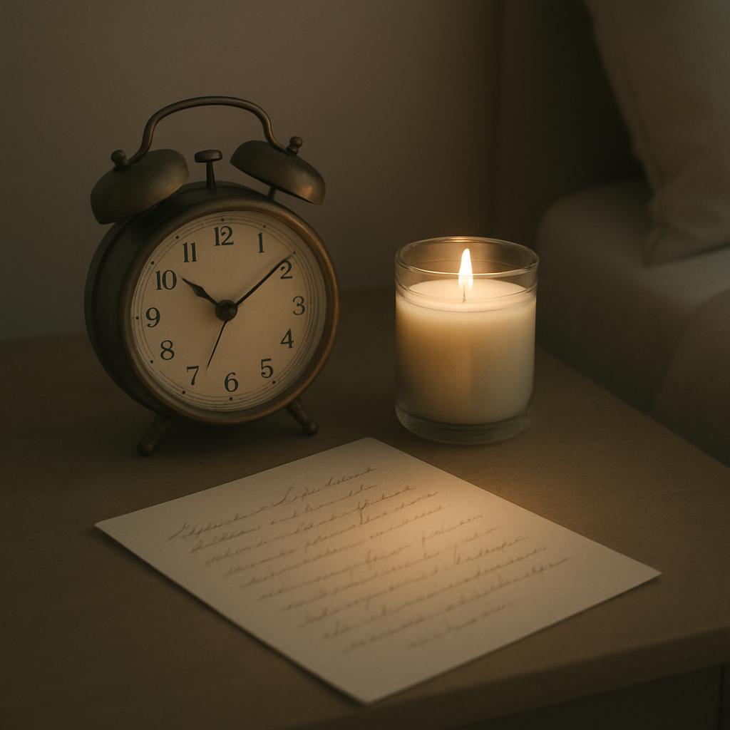 A close-up image of a bed side setting with an alarm clock, a lit candle and a piece of writing paper. The image has a moo...