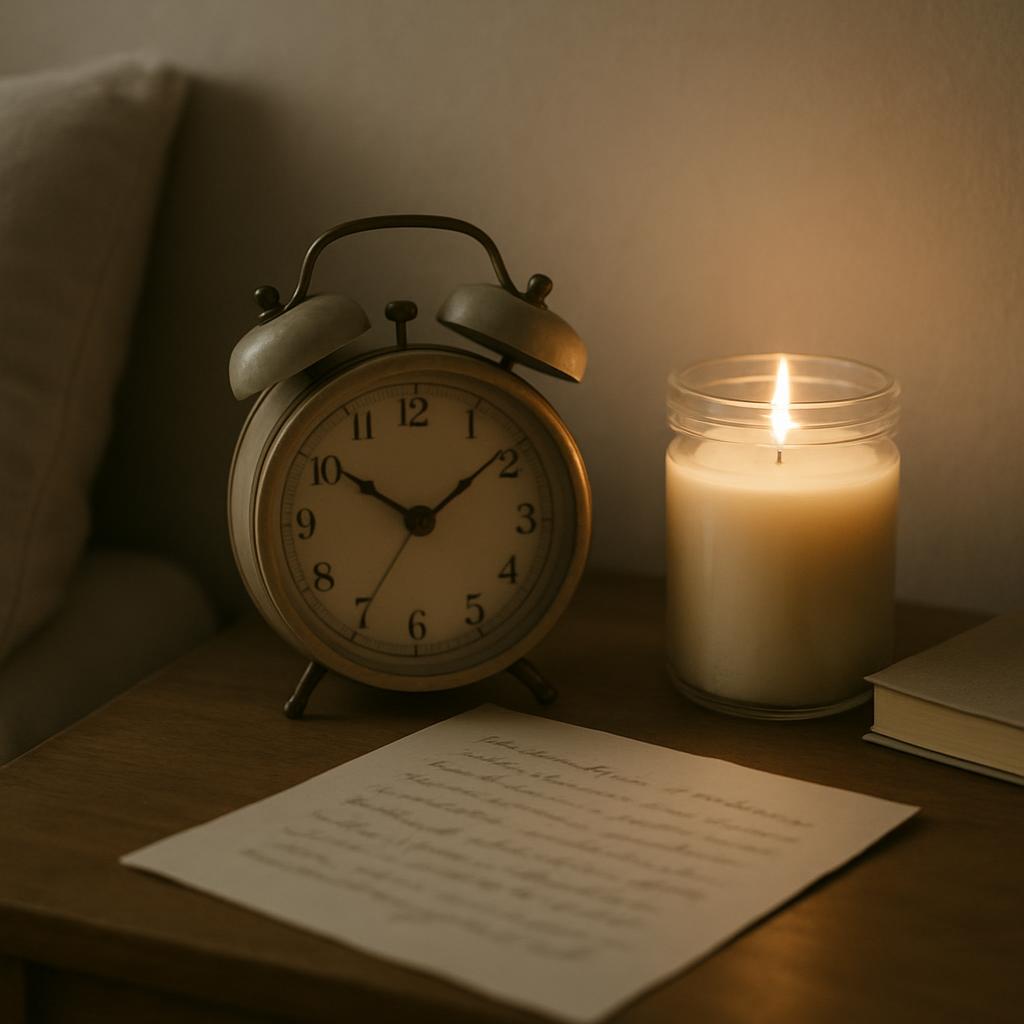 a rustic metal alarm clock next to a lit candle and a book with letters under low light