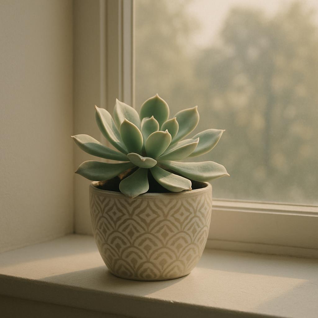 A flower pot with pattern rests on windowsill against a window, with a succulent plant inside