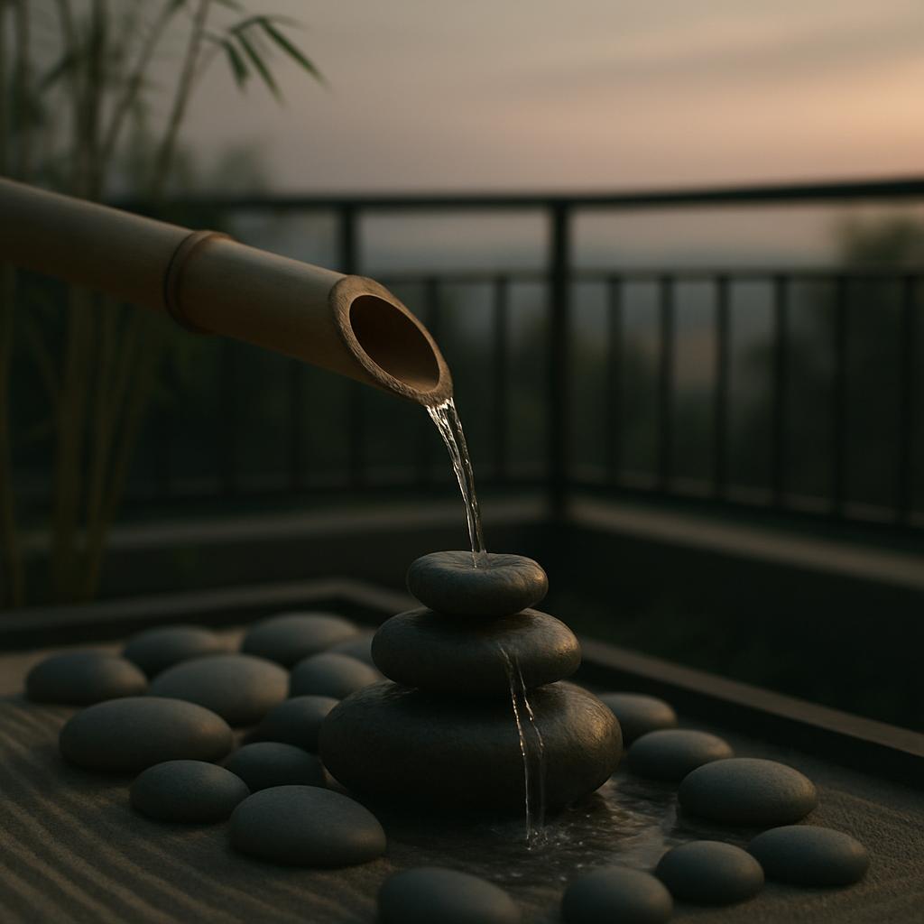 A water feature in a Japanese Zen garden, featuring rock stacks (tsukubai stones), a bamboo pipe pouring water, and a rail...